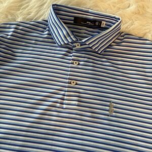 Ralph Lauren RLX‎ Golf Polo Shirt Mens Large Blue Stripes Logo Stretch Wicking